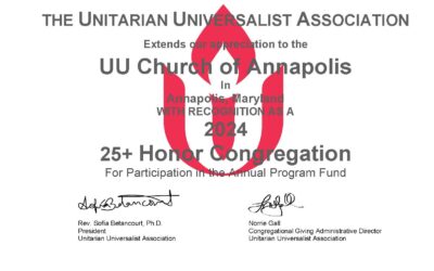 The UUA Gives a 25+ Honor Congregation Award to UUCA!